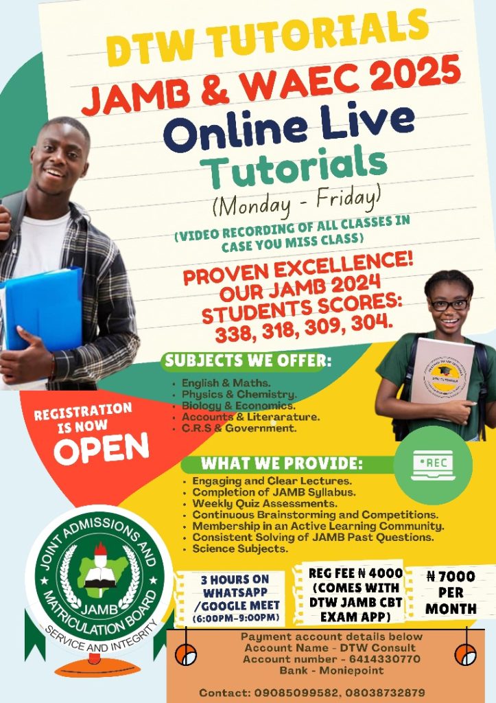 JAMB 2025 ONLINE CLASSES BY DTW TUTORIALS